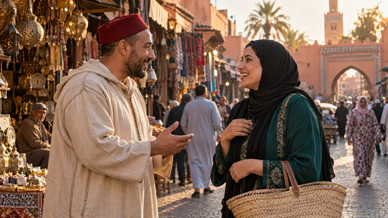 Personnes échangeant des salutations en darija dans une rue animée du Maroc